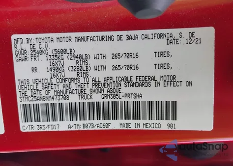 2022 Toyota Tacoma Trd Off Road from USA, damaged, VIN 3TMCZ5AN8NM473708